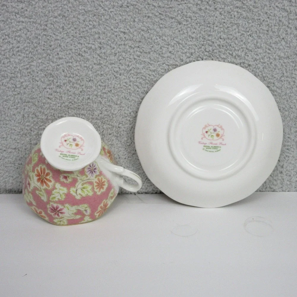 Royal Albert Vintage Florals Peach Teacup and Saucer Set Gold Trim Bone China